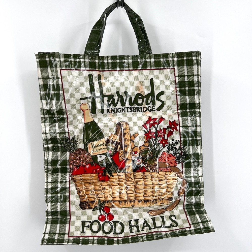 Two Vintage Harrods Knightsbridge London Coated Canvas Tote Bags Argyle Plaid View 6